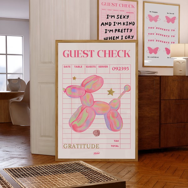 Trendy Holographic Wall Art | Balloon Dog Art | Guest Check Print | Decorative Retro Poster | Preppy Room Decor | Y2K Room Decor | BlushPink