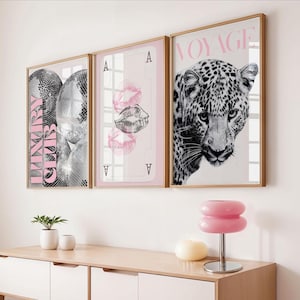 Pink Leopard Wall Art Set Black and White Gallery 3 Trendy Fashion Stylish Prints Decor Office Aesthetic Girly Wall Art Fashion Magazine