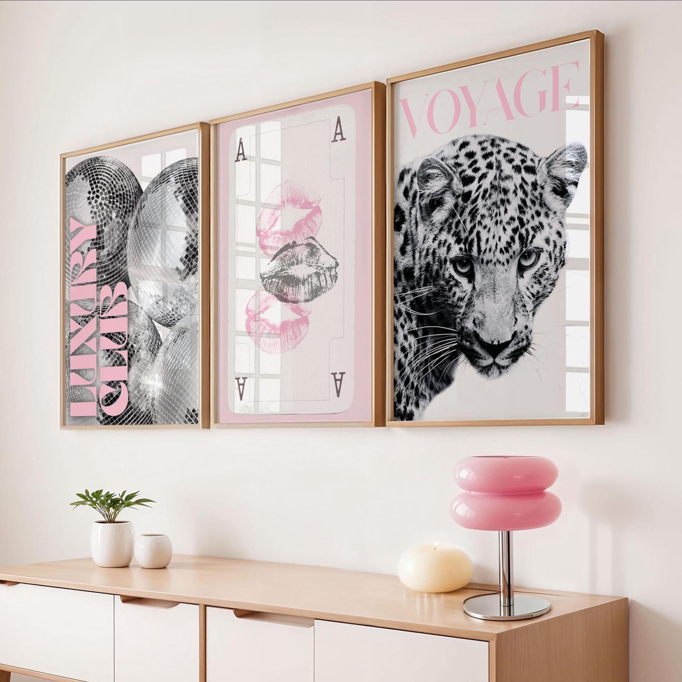 Pink Leopard Wall Art Set Black and White Gallery 3 Trendy Fashion Stylish Prints Decor Office Aesthetic Girly Wall Art Fashion Magazine