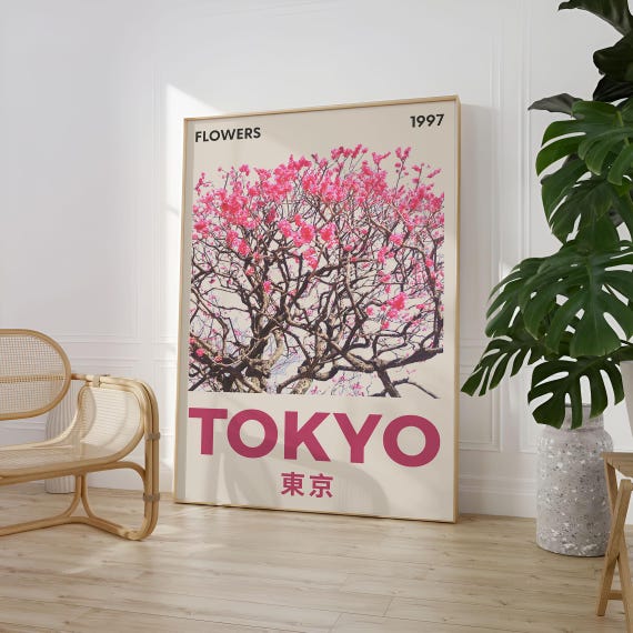 Japanese Cherry Blossom Print Wall Art, Retro Floral Tokyo Decor, Japandi Style Artwork, Japan Travel Gift, Pink Botanical Artwork