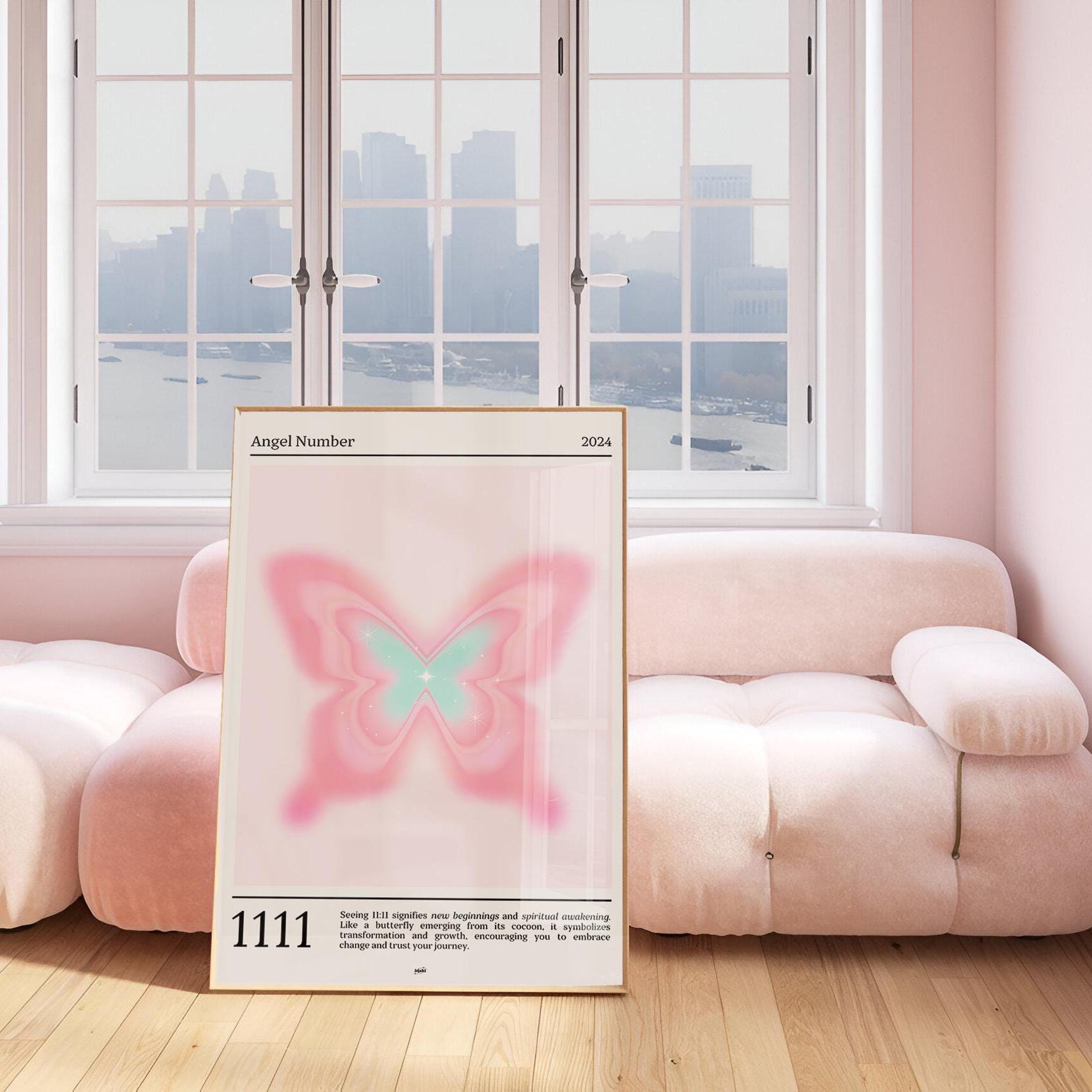 ポスター 1111 Angel Number 1111, Gradient Butterfly Pink Wall Art, Spiritual