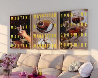 Bar Cart Set of 3 Cocktail Drinks Kitchen Wall Art Retro Drinks Poster Extra Dirty Martini Cocktail Poster Modern Kitchen Wall Decor