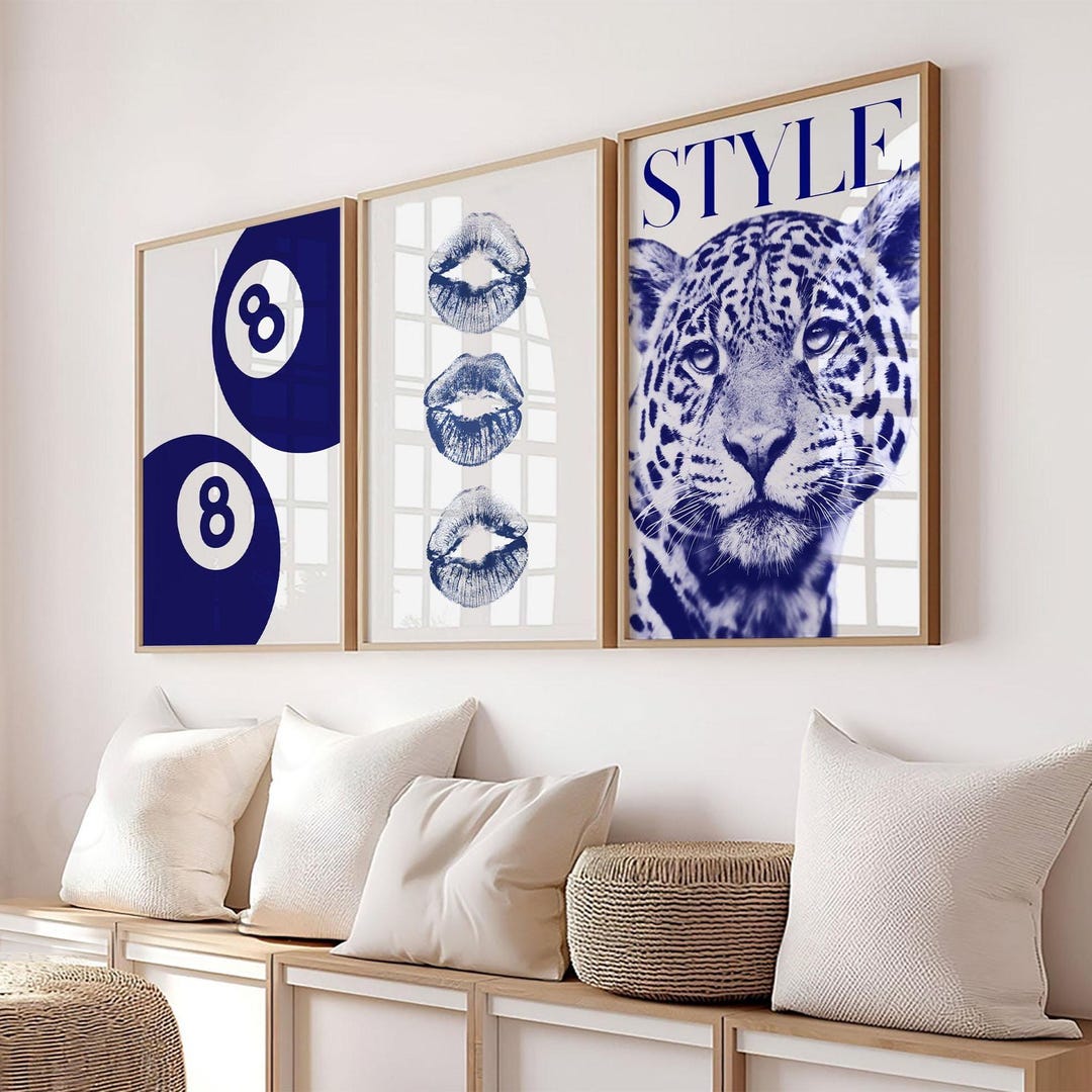 Navy Blue Leopard Gallery Wall Art Set of 3 Trendy Fashion Stylish