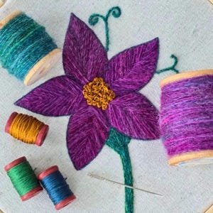 Vintage Flower Embroidery Kit, Handspun 100% Wool Thread, French Silk Threads, Printed Cotton/Linen Pattern