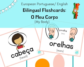 Tarjetas didácticas bilingües, vocabulario de partes del cuerpo en portugués, juegos de aprendizaje del idioma portugués, portugués para niños