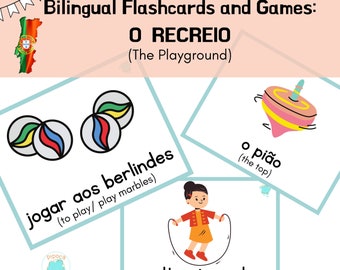 Tarjetas didácticas bilingües, vocabulario de juegos en portugués, juegos de aprendizaje del idioma portugués, portugués para niños