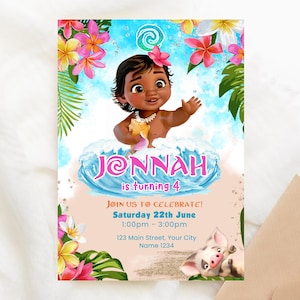 Baby Moana Geburtstagseinladung, bearbeitbare digitale Hawaiian Moana Geburtstag einladen, Kinder Thema Party Einladung, digitale Baby Moana Vorlage