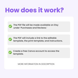 May include: A lilac graphic with the text "How does it work?" detailing the process of accessing a PDF file on Etsy. It includes a link to an editable template, print template, and instructions, and mentions a free Canva account.