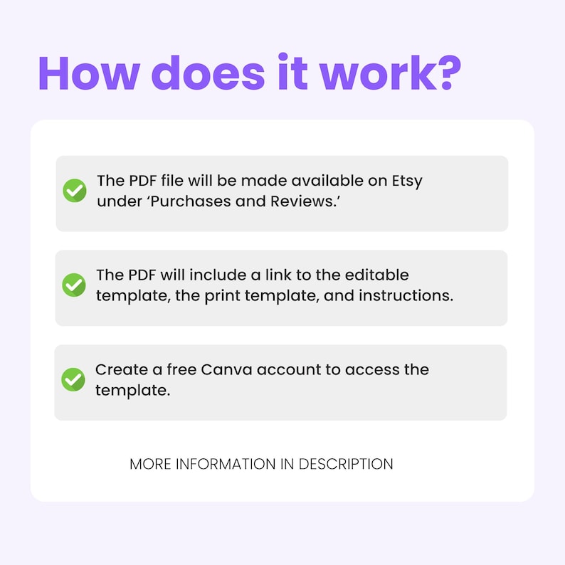 May include: A lilac graphic with the text "How does it work?" detailing the process of accessing a PDF file on Etsy. It includes a link to an editable template, print template, and instructions, and mentions a free Canva account.