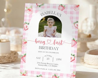 Berry First Birthday Invitation Template, Editable Photo 1st Birthday Party Invitations, Printable Strawberry Birthday Invites A02