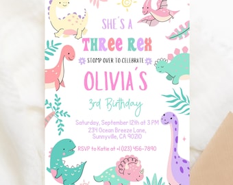 Pastel Dinosaur Birthday Invitation Girl Three Rex Party Editable Invite Cute Dino Pink Template Printable A34