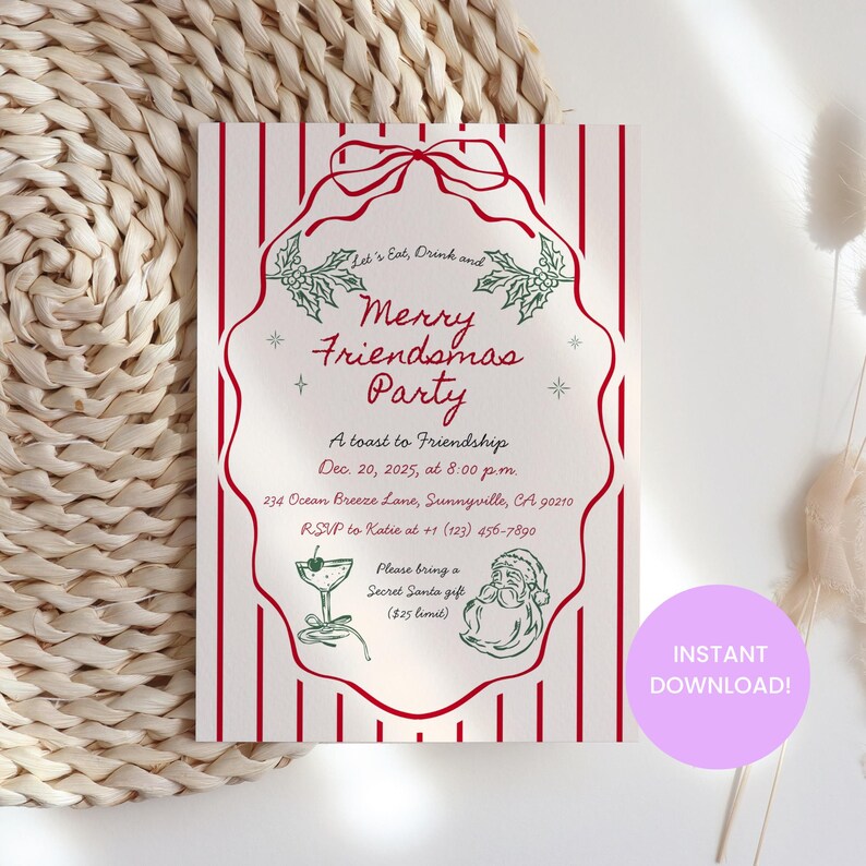 May include: A festive invitation for a Merry Friendsmas Party. The design features a red and white striped background with a decorative red border. The invitation includes the party details, such as the date, time, and location, along with a request for a Secret Santa gift.