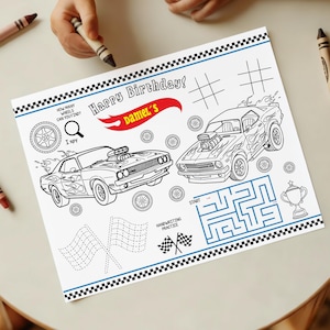 Mantel individual para colorear con ruedas editables, página para colorear de autos de carreras calientes, imprimible, mantel individual para colorear de autos de carreras, hoja para colorear de carreras, H07