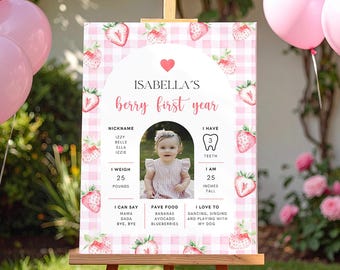 Affiche de premier anniversaire des baies, panneau modifiable de fête du 1er anniversaire fraise, affiche imprimable du premier anniversaire, panneau d'étape, F02