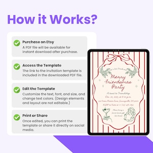 May include: A digital invitation template for a "Merry Friendsmas Party" with a red and white striped background. The invitation includes text and graphics, with instructions on how to purchase, access, edit, and print the template.