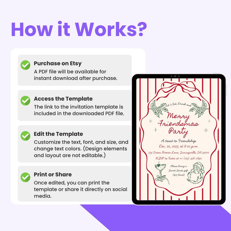 May include: A digital invitation template for a "Merry Friendsmas Party" with a red and white striped background. The invitation includes text and graphics, with instructions on how to purchase, access, edit, and print the template.