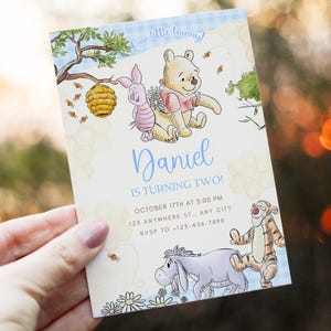 Invito di compleanno Winnie the Pooh modificabile, Invito di compleanno Winnie the Pooh, Invito per il secondo compleanno, Canva modificabile