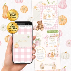Puede incluir: Una plantilla de invitación digital para baby shower con patrón de cuadros vichy rosa, calabazas en acuarela y un osito de peluche. El diseño incluye secciones para registro, rifa de pañalera y RSVP, con el texto A little PUMPKIN is on the way.
