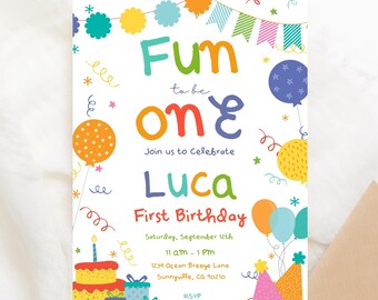 Fun to Be One Birthday Invitation Template – Colorful Balloons (Editable Canva Template) A18