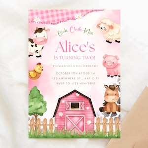 May include: Pink and green farm animal themed birthday invitation with a red barn, a cow, a pig, a chicken, a horse, a sheep, and the text "Oink. Cluck. Moo. Alice's is turning two! Please join us to celebrate! October 17th at 3:00 PM 123 Anywhere St., Any City RVSP to +123-456-7890"