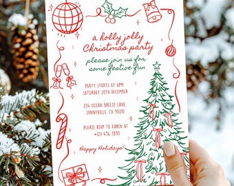 Christmas Party Invitation Template, Whimsical Hand Drawn Christmas Party Invite, Holiday Party, Editable 5x7 Canva Template B11