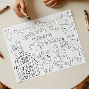 Pode incluir: Uma página para colorir em preto e branco com animais de fazenda, um celeiro e o texto "Oink, Baa, Moo Oliver's 2nd Birthday". A mão de uma criança segura um giz de cera perto da página. Inclui um porco, uma vaca, um cavalo e um galo.