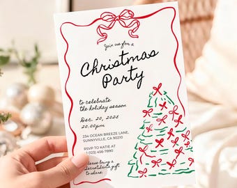 Red Bow Christmas Party Invitation Template, Printable Holiday Party Invite, Whimsical Hand Drawn Xmas Party Invitation, Holiday Party, B08