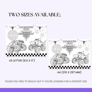 Puede incluir: Dise&ntilde;os de fiesta de cumplea&ntilde;os imprimibles en blanco y negro. Los dise&ntilde;os incluyen dos monster trucks, un laberinto y el texto "MASON'S 4TH BIRTHDAY JAM". Disponible en tama&ntilde;os US Letter (21,6 x 27,9 cm) y A4 (21,0 x 29,7 cm).