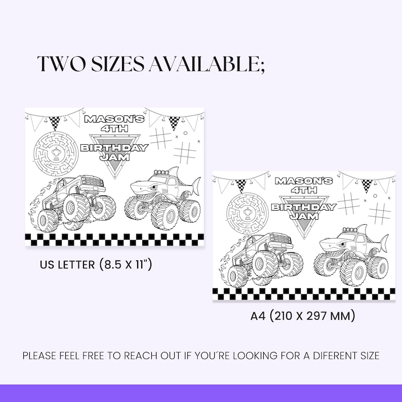 Puede incluir: Dise&ntilde;os de fiesta de cumplea&ntilde;os imprimibles en blanco y negro. Los dise&ntilde;os incluyen dos monster trucks, un laberinto y el texto "MASON'S 4TH BIRTHDAY JAM". Disponible en tama&ntilde;os US Letter (21,6 x 27,9 cm) y A4 (21,0 x 29,7 cm).
