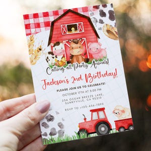 May include: A farm-themed birthday invitation with a red barn, cartoon animals, and the text "Calling all Party Animals!" and "Jackson's 2nd Birthday!". The invitation includes event details and a RSVP phone number.