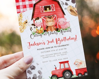 Editable Farm Birthday Invitation Boy Farm Animals Boy Barnyard Birthday Party Download Printable Invitation Template, 5x7 Canva A44
