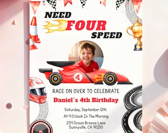 Need FOUR Speed 4th Birthday Invitation: Red Race Car (Editable Template) A20