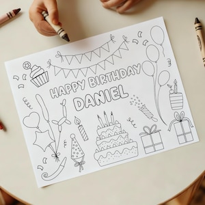 Dibujo para colorear de feliz cumpleaños, recuerdo de fiesta de cumpleaños editable para colorear, hoja para colorear de cumpleaños imprimible, H01