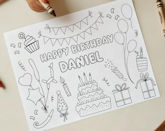 Dibujo para colorear de feliz cumpleaños, recuerdo de fiesta de cumpleaños editable para colorear, hoja para colorear de cumpleaños imprimible, H01