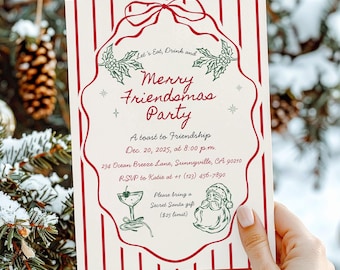 May include: A rectangular party invitation card with red vertical stripes and a central cream-coloured scalloped frame. The text reads: Let's Eat, Drink and Merry Friendsmas Party, A toast to Friendship, Dec. 20, 2025, at 8:00 p.m., 234 Ocean Breeze Lane, Sunnyville, CA 90210, RSVP to Katie at +1 (123) 456-7890, Please bring a Secret Santa gift ($25 limit). Features green holly, a cocktail glass, and a Santa face illustration.