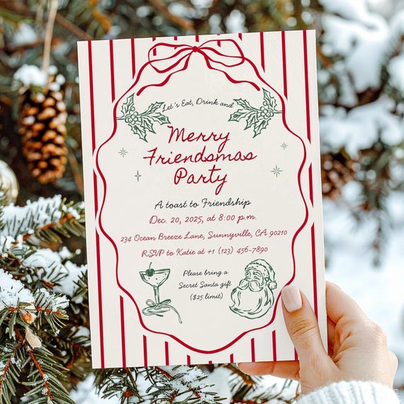 Friendsmas Christmas Party Invitation Template Whimsical Hand Drawn Festive Cocktail Xmas Holiday Invite, Digital Canva Download, B10
