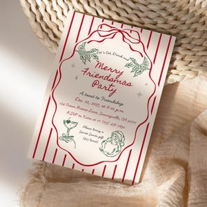 May include: A festive invitation for a "Merry Friendsmas Party" with red and white stripes. The invitation includes details like the date, time, and location, along with a request for a Secret Santa gift.
