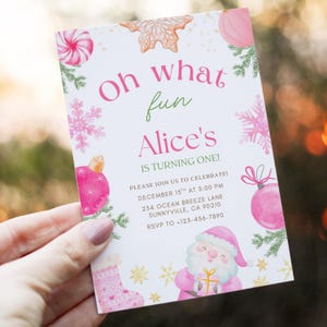 Oh What Fun Christmas 1st Birthday Invitation, Editable Pink Christmas Invite, Printable First Birthday Holiday Party Invite