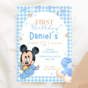 Invito di compleanno Baby Mickey modificabile, invito blu per neonato, Canva modificabile