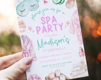 May include: A spa party invitation with watercolor illustrations of spa-related items like a sleep mask, robe, and cucumber slices. The invitation text reads "Spa Party" and "Madison's 7th Birthday".
