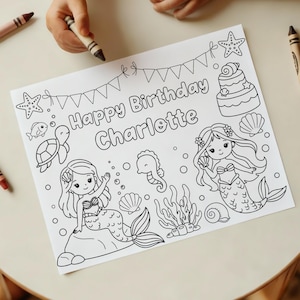 Puede incluir: Una página para colorear en blanco y negro con el texto "Happy Birthday Charlotte". La página presenta ilustraciones de sirenas, un pastel, conchas marinas, un caballito de mar, una tortuga, un pez y una estrella de mar. Se ven crayones.