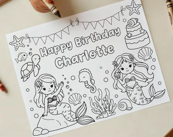 Mermaid Birthday Coloring Pages, Underwater Birthday Coloring Sheets, Personalized Mermaid Party Theme, H13