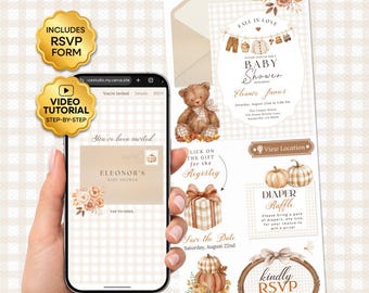 May include: A digital baby shower invitation set featuring a smartphone displaying an invitation, alongside a printed invitation card, envelope, and matching inserts. The design includes a brown teddy bear, pumpkins, and floral accents on a beige gingham background.