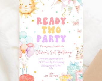 Ready Two Party Invitation Template, Girl 2nd Birthday Invite, Spring Party Invitation | Retro Invite | Digital Download A23