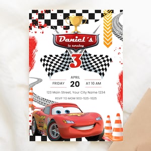 Faire-part d'anniversaire voitures modifiable, faire-part d'anniversaire Lightning McQueen, toile modifiable