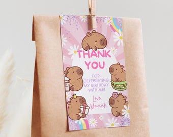Capybara Party Favor Tag, Girl Cute Capy Birthday Thank You Gift Tags, Capybara Printable Digital Canva Edit Instant Download Editable, T07