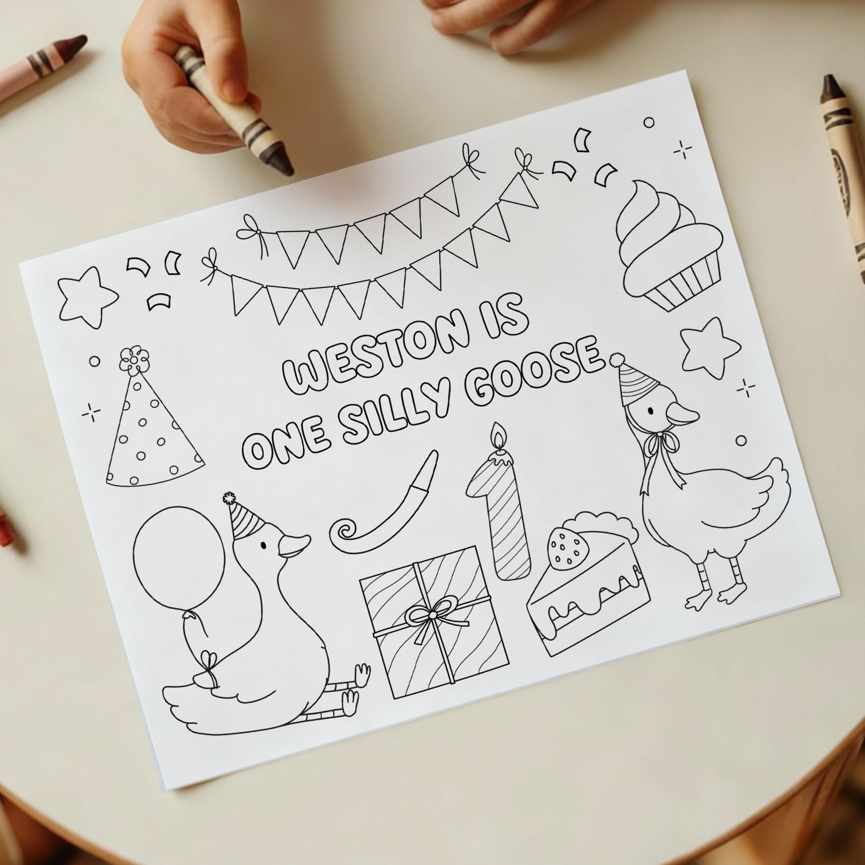 Editable Coloring Page One Silly Goose Birthday Party Activity Game…