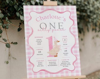 Puede incluir: Un cartel rectangular de cumpleaños con un borde de cuadros vichy rosa y blanco. El texto dice Charlotte's ONE silly goose, con una ilustración central de un ganso con un gorro de fiesta y estadísticas personales como 25 pounds y 25 inches.