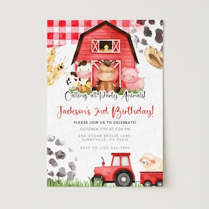 Pode incluir: Um cartão de convite de aniversário com um celeiro vermelho, uma vaca, um cavalo, um porco, um pintinho e um trator vermelho puxando um vagão com uma ovelha. O texto diz: Calling all Party Animals! Jackson's 2nd Birthday! October 17th at 3:00 PM, 234 Ocean Breeze Lane, Sunnyville, CA 90210, RSVP to +123-456-7890.