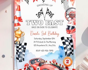 Editable Two Fast Birthday Invitation, Race Car 2nd Birthday Party, Canva Template, Digital Invitation, Instant Download, A22